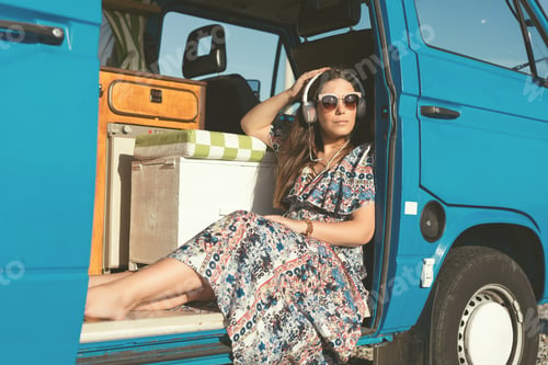 Preview: Summer Holidays, Road Trip, Travel And People Concept, Young Woman Resting In Minivan Car