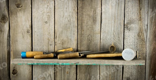 Preview: Old Working Tools. Many Old Tools (Plane, Mallet And Others) On A Wooden Shelf.
