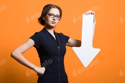 Preview: Portrait Of Confident Beautiful Young Successful Business Woman With Paper Pointer In Her Hands