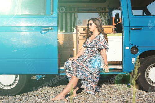 Preview: Summer Holidays, Road Trip, Travel And People Concept, Young Woman Resting In Minivan Car