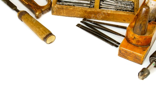 Preview: Old Working Tools. Vintage Working Tools (Box With Drills And Others) On White Background.