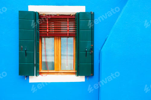 Preview: Window On The Blue Facade Of The House. Colorful Architecture In Burano Island, Venice, Italy.