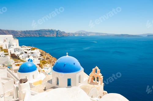 Preview: Traditional Greek Church And White Architecture On Santorini Island, Greece. Famous Travel