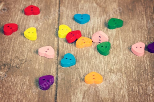 Preview: Multicolored Hearts On Wooden Background, Retro Toned