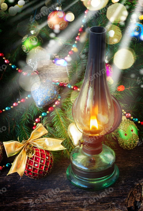Preview: Vintage Glowing Lantern With Decorated Christmas Evergreen Wreath, Low Key With Glimming Lights