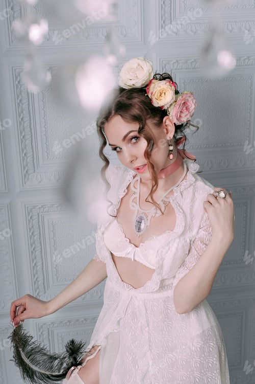 Preview: Beautiful Young Woman, Hair Decorated With Flowers. Perfect Makeup. Beauty Fashion. Eyelashes