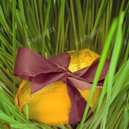 Preview: Golden Easter Egg With Bow In Long Green Grass