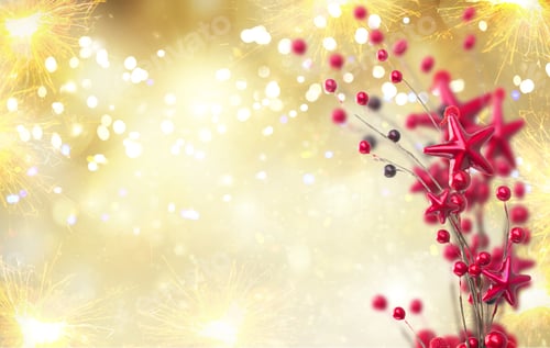 Preview: Branch Of Christmas Red Stars And Berries On Golden Bokeh Background