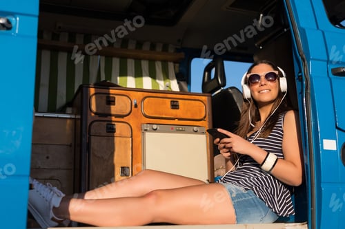 Preview: Summer Holidays, Road Trip, Travel And People Concept, Young Woman Resting In Minivan Car