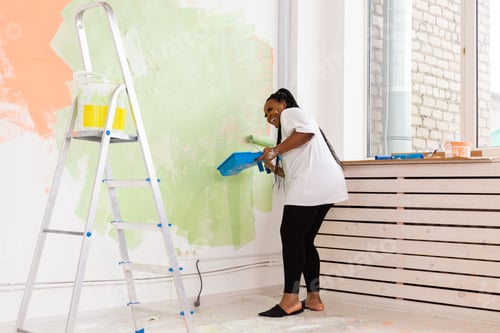 Preview: Lovely African American Housewife Painting Wall. Renovation, Redecoration And Repair Concept.