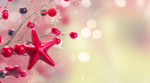 Preview: Branch Of Christmas Stars And Berries On Festive Bokeh Background With Snowflakes Banner