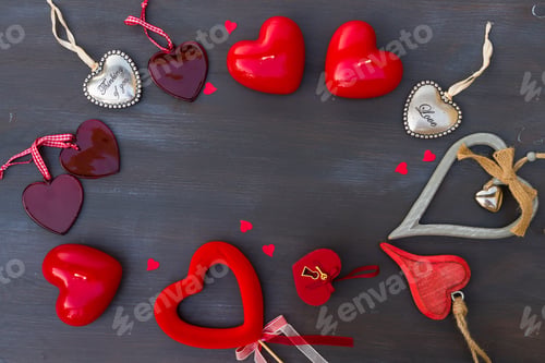 Preview: Valentines Day Hearts Frame On Dark Wooden Background