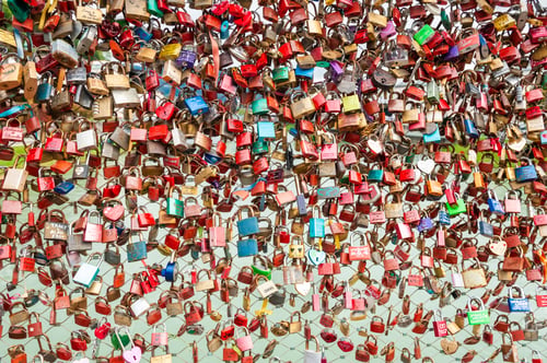 Preview: Salzburg, Austria - October, 1, 2017: Love Red Locks On The Bridge