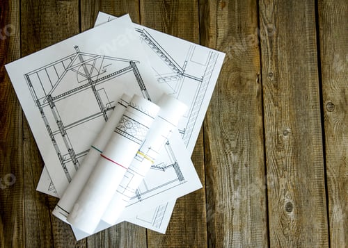 Preview: We Build A Building. House Construction. Many Drawings For Building On Old Wooden Background.