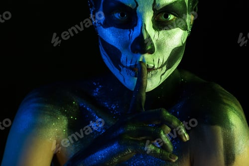 Vista previa: Isolated On Black, Closeup Picture, Toned Green And Blue, Beautiful Creepy Young Blonde Caucasian