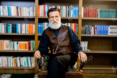 Preview: Senior Caucasian Man, Librarian Of Academic Teacher, Wearing Dark Shirt And Pants And Leather Vest