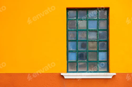 Preview: Window On The Orange Wall Of The House. Colorful Architecture In Burano Island, Venice, Italy.
