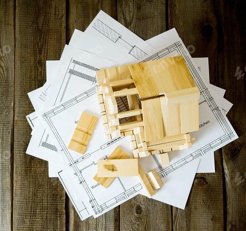 Preview: Building House. House Construction. Many Drawings For Building And Wooden House On Old Wooden