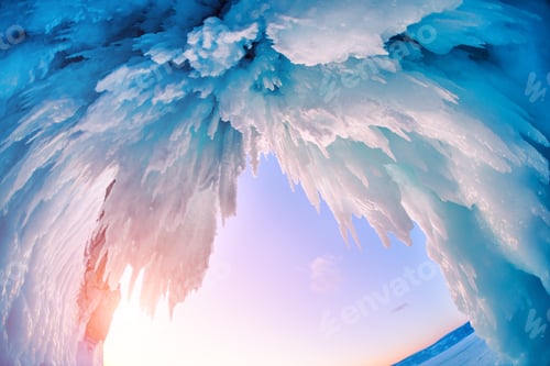 Preview: Ice Cave On Baikal Lake In Winter. Blue Ice And Icicles In The Sunset Sunlight. Olkhon Island