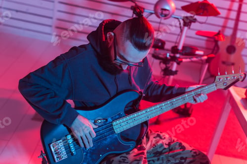 Preview: Create Music And A Recording Studio Concept - Bearded Funny Man Guitarist Recording Electric Guitar