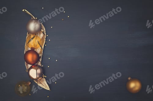 Preview: Christmas Golden Ball Decorations On Dark Wooden Background With Copy Space, Retro Toned