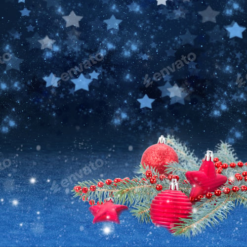 Preview: Red Christmas Decorations On Spruce, Blue Stars And Snow Background