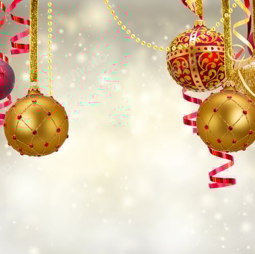 Preview: Red And Golden Christmas Balls Garland And Evergreen Fir Tree On Glowing Silver Background