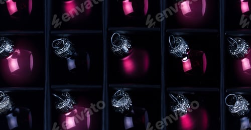 Preview: Christmas Flat Lay Scene With Pink And Violet Glass Balls Rows