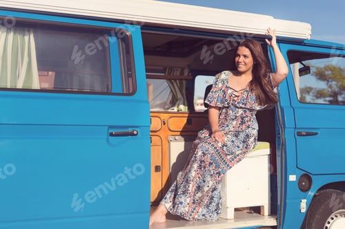 Preview: Summer Holidays, Road Trip, Travel And People Concept, Young Woman Resting In Minivan Car