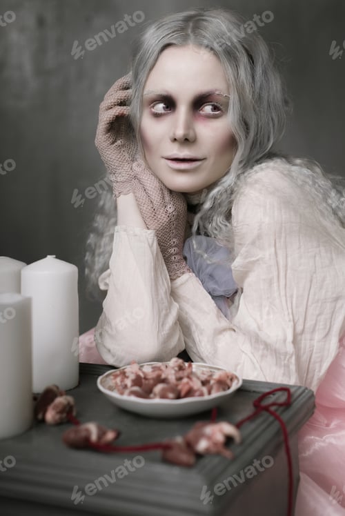 Preview: Dark Halloween Portrait Of Scary Bad Zombie Girl Sitting In A Chair And Collecting Hearts