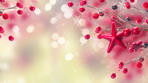 Preview: Branch Of Christmas Stars And Berries On Festive Bokeh Background With Snowflakes