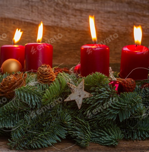Preview: Evergreen Fir Tree Advent Garland With Burning Candles On Wooden Background