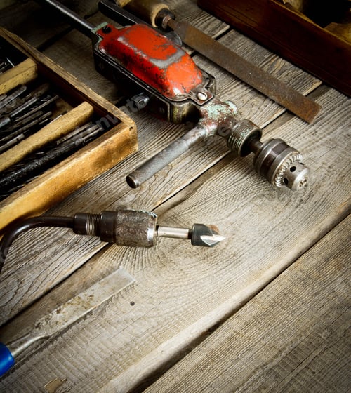 Preview: Old Working Tools. Drills In A Box, A Drill, A Chisel On A Wooden Background.