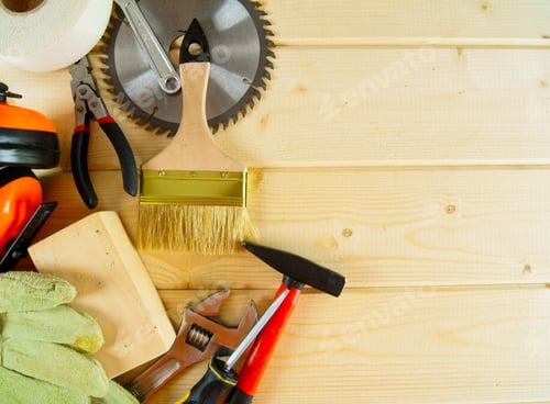 Preview: Working Tools. Many Working Tools On A Wooden Background.