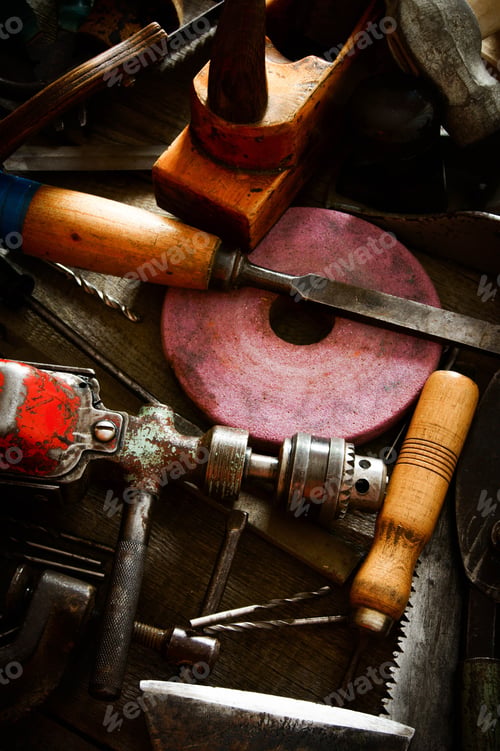 Preview: The Old Working Tool. Many Old Working Tools ( Ruler, Drill, Chisel And Others) On A Wooden