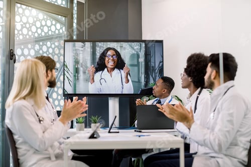 Preview: Video Conference, Telemedicine. Multiethnical Medical Scientific Team Applauding During A Video