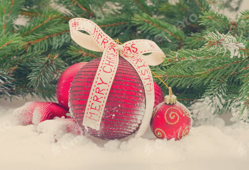 Preview: Red Christmas Ball Balls With Bow In Snow Under Fir Tree, Retro Toned