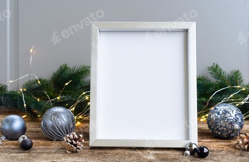 Preview: Elegant Gray Christmas Scenery On Natural Wood Background With Copy Space On Empty Frame