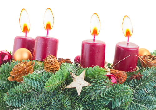 Preview: Evergreen Fir Tree Advent Garland With Burning Candles Isolated On White Background