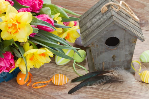 Preview: Birdcage With Spring Flowers And Easter Eggs