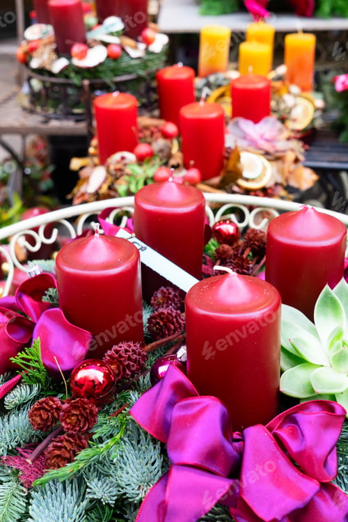 Preview: Decorated Red Advent Candles, Christmas Market Shop In Vienna