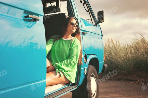 Preview: Summer Holidays, Road Trip, Travel And People Concept, Young Woman Resting In Minivan Car