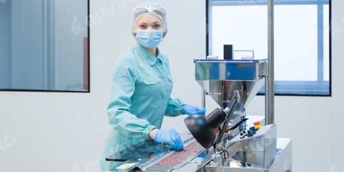 Preview: Pharmacy Industry Woman Worker In Protective Clothing Operating Production Of Tablets In Sterile