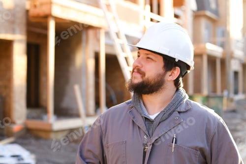 Preview: Portrait Of American Architect Or Builder Wearing Hardhat On Construction Site, Brick Building In