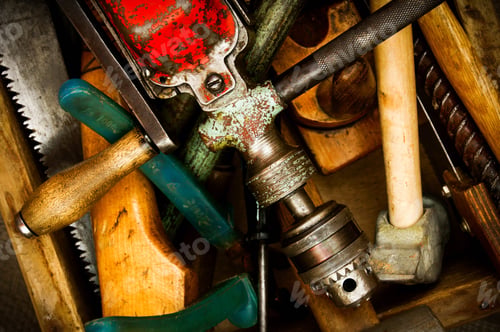 Preview: Old Working Tools. Vintage Working Tools On Wooden Background.