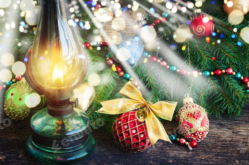 Preview: Vintage Burning Lantern With Decorated Christmas Evergreen Wreath, Low Key With Glimming Lights