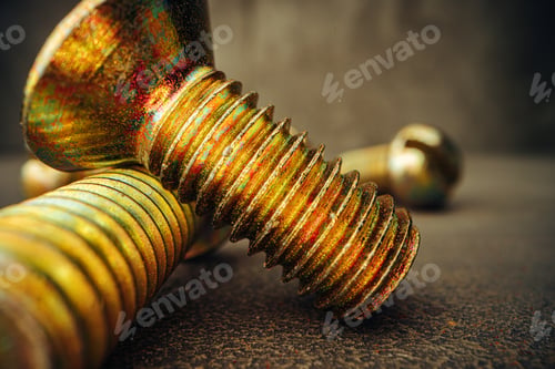 Preview: Many metal screws on concrete close up