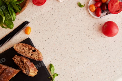 Preview: Rustic natural salad. Preparing of traditional caprese salad sandwich with fresh tomatoes