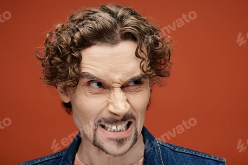 Preview: Handsome Emotional Man Expressing Feelings Against a Vibrant Orange Backdrop