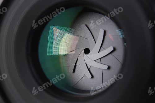 Preview: Camera lens of professional photographer, closeup view